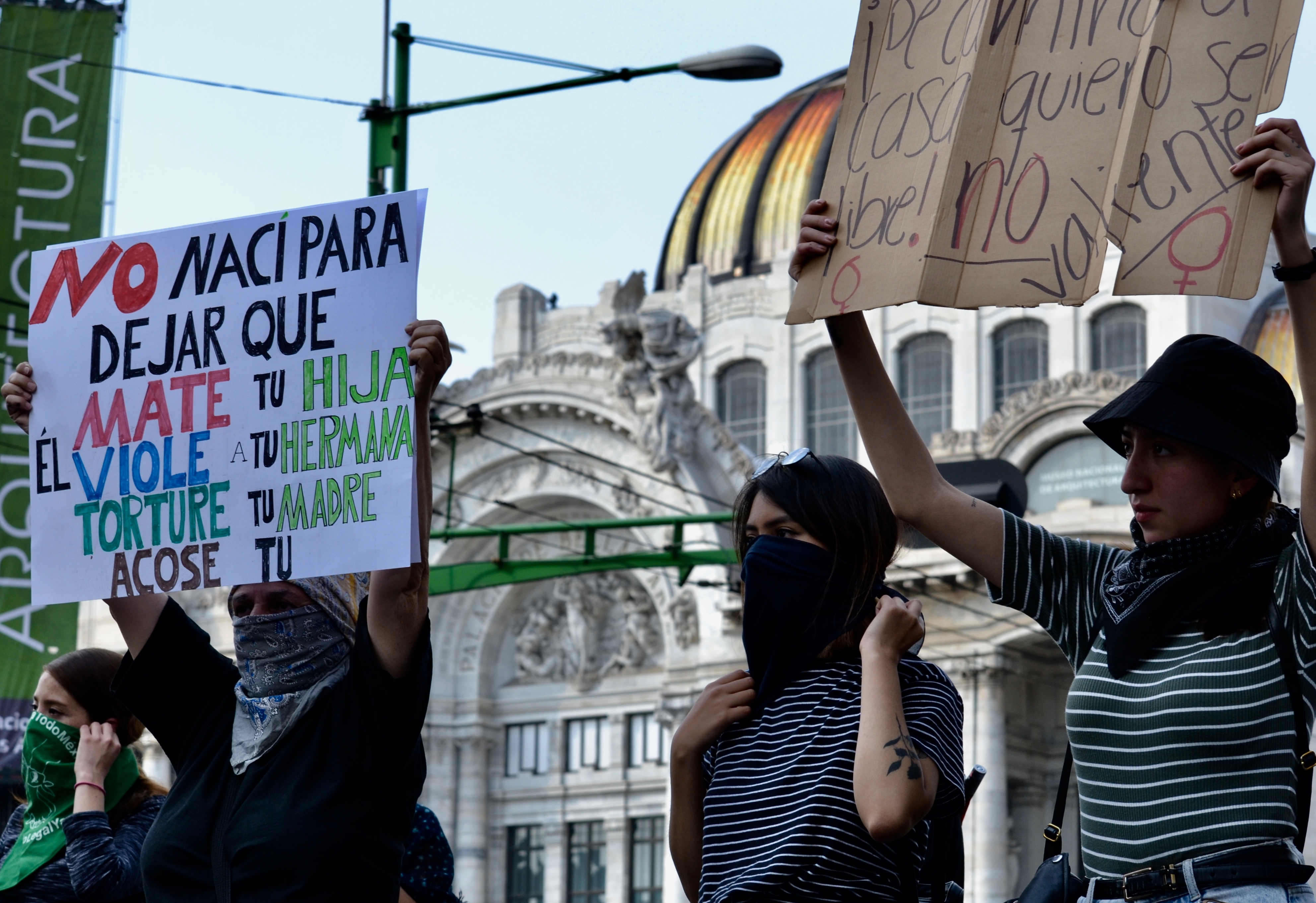 Feminist protestors blocked streets and "liberated" the Bellas Artes metro station in downtown Mexico City Feb. 21, 2020.